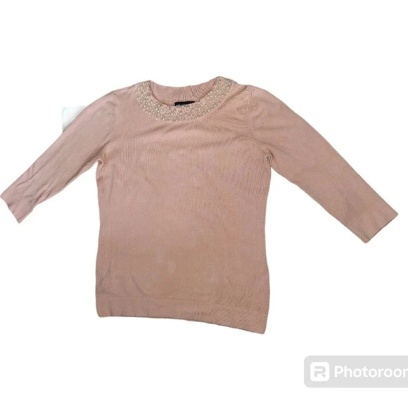 Karl Lagerfeld Paris Faux Pearl Neck Pale Pink  Lightweight Pullover Sweater, M - Picture 11 of 11